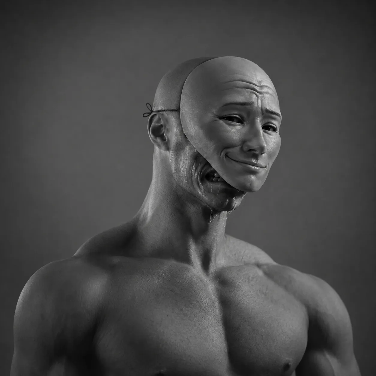 A stressed virgin founder crying under a smug mask.
